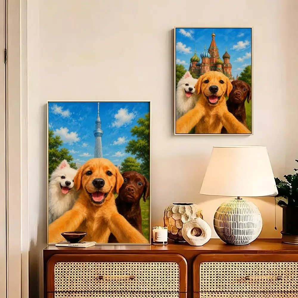 Dog Posing At Famous Landmarks Poster HD art sticky wall waterproof home living room bedroom bar decoration