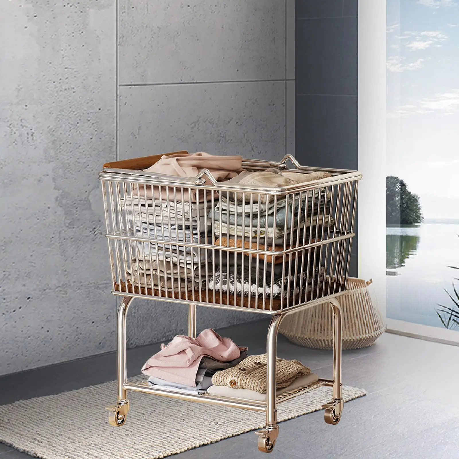 

Laundry Basket with Wheels, Trolley Organizer Storage Metal Frame Laundry Hamper