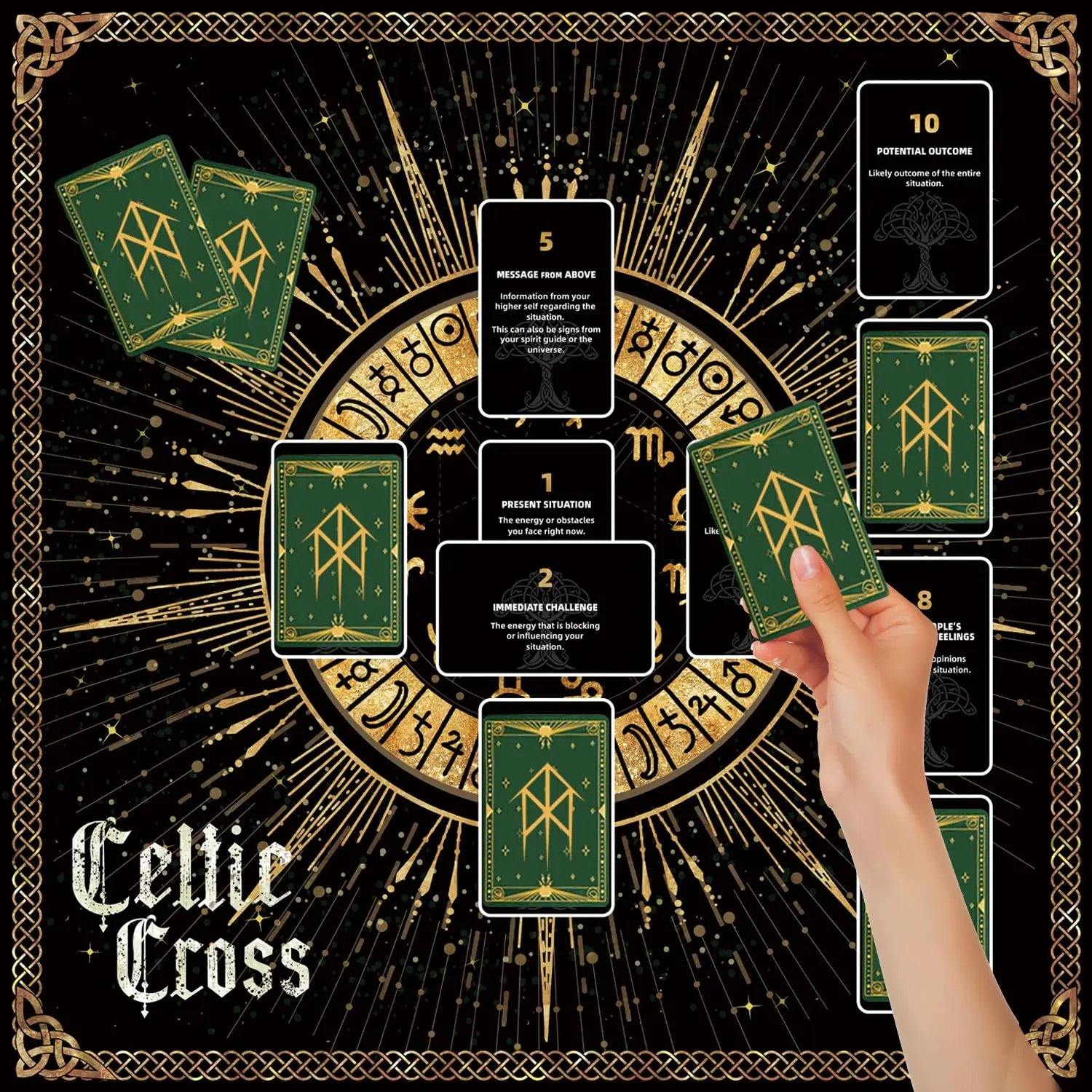 Altar Cloth,  Celtic Cross Printed Divination Cloth for Reading, Black Tarot Mat for Reading, Cards, Divination, Witchcraft