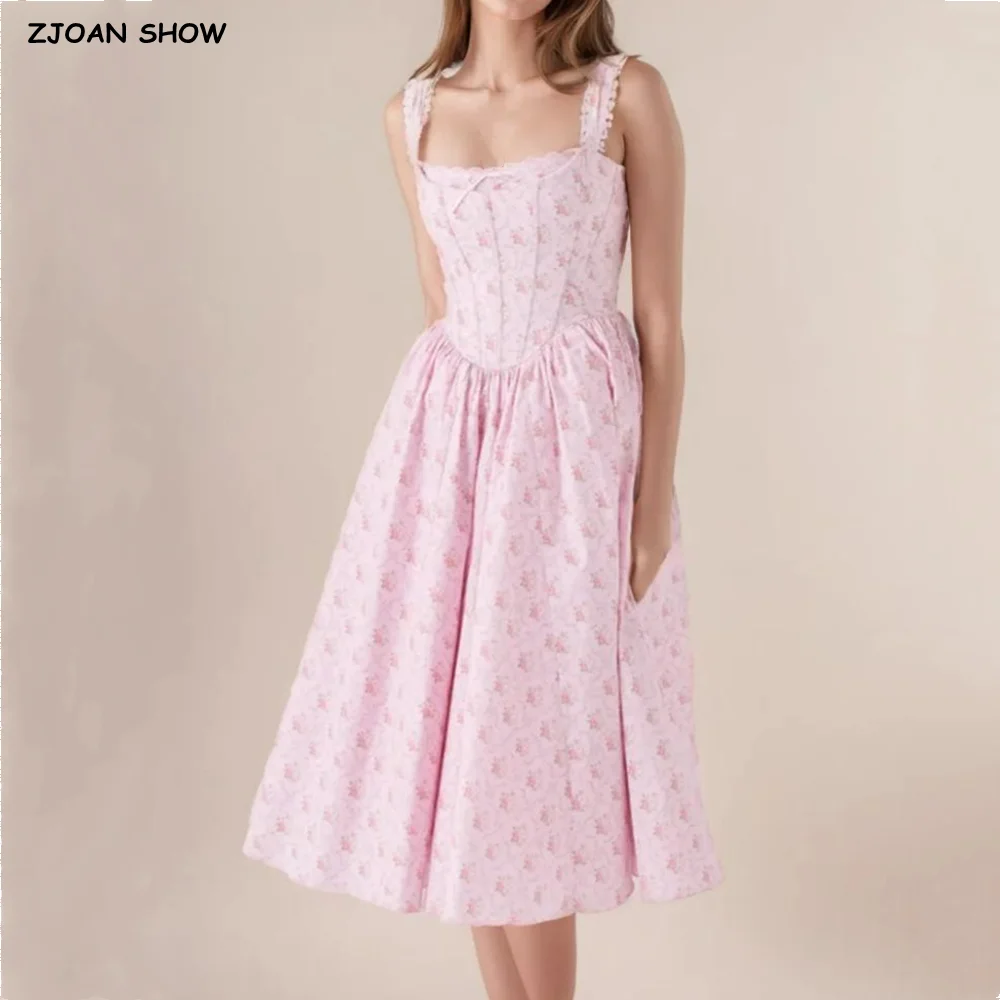 2025 sexy rosa floral impressão emendado gola de renda espartilho sling midi vestido feminino cruz laço até volta cintura baixa balanço vestidos tanque