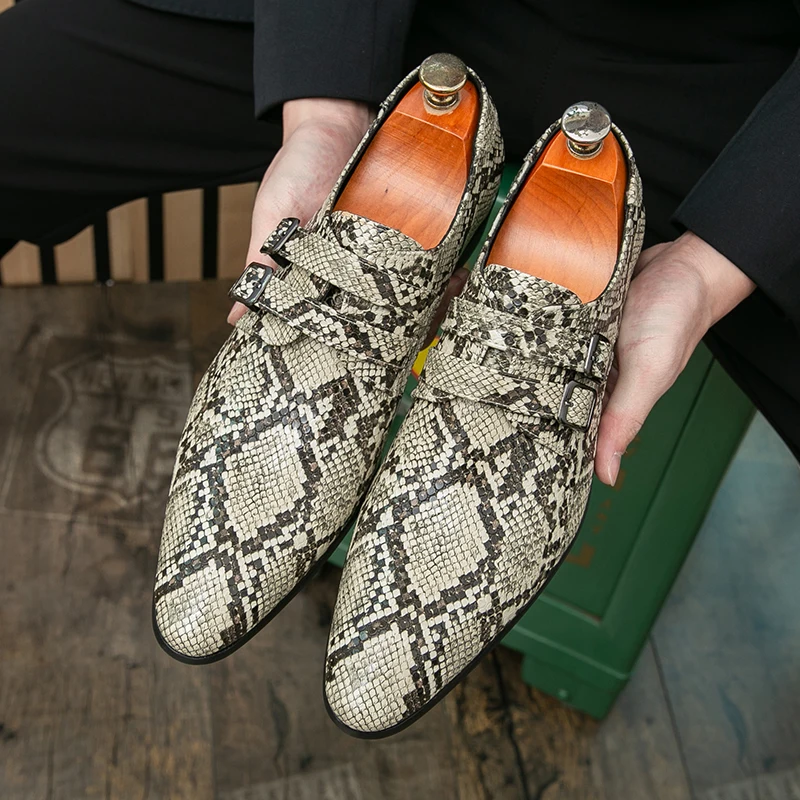 Men's Snake Print Chelsea Double Buckle Pointed Toe Loafers Casual Dress Party Wedding Shoes for Men Fashion Luxury Leather Shoe