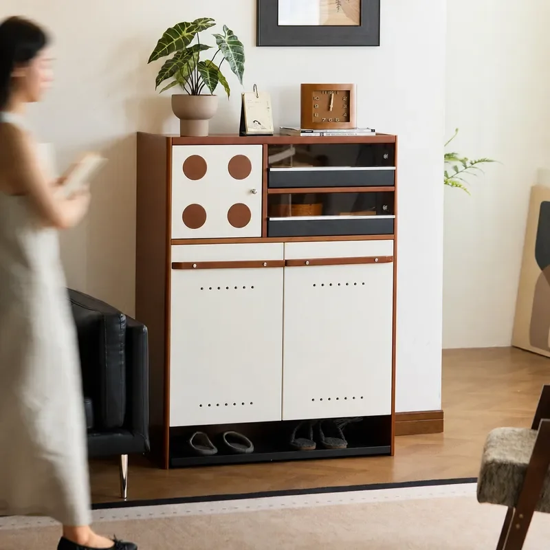 Retro Solid Wood Shoe Cabinet Double Door Storage Locker with Drawers for Home Entryway Porch Small Apartment Furniture