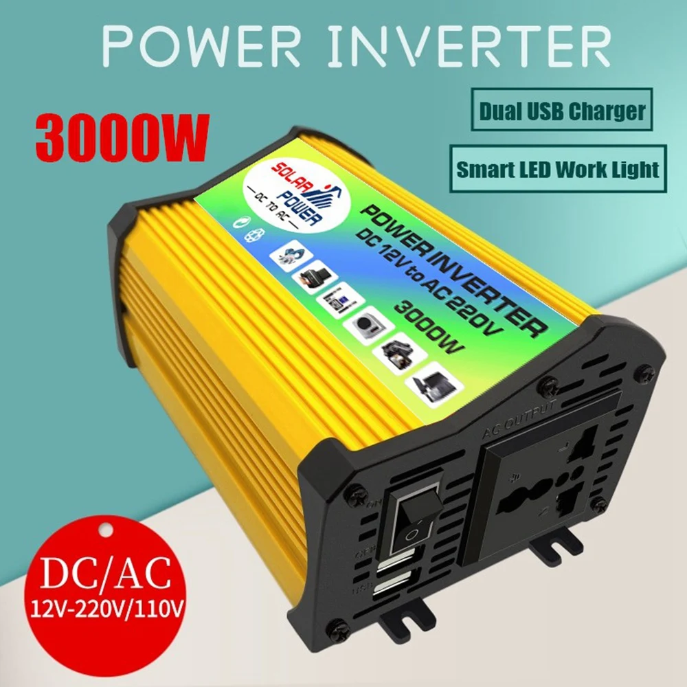 DC12V to AC 220V 3000W Car Power Inverter Dual USB Fast Charging Voltage Capacity Transformer