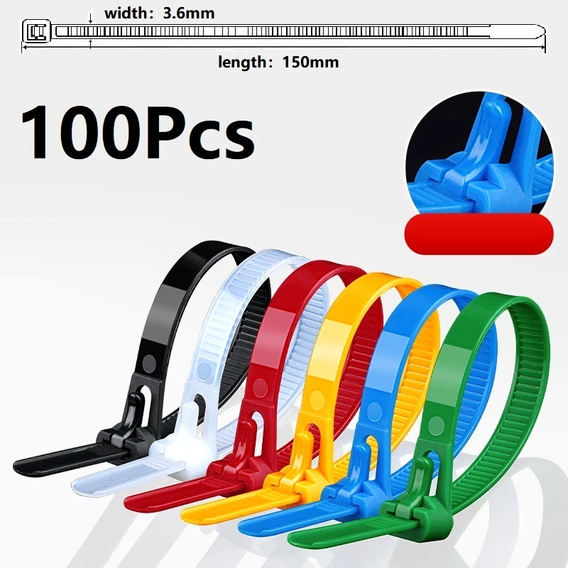 100 herbruikbare kabelbinders, kabelslotlussen van nylon, verwijderbaar, recycleerbaar, gemengde kleuren, zwart, wit