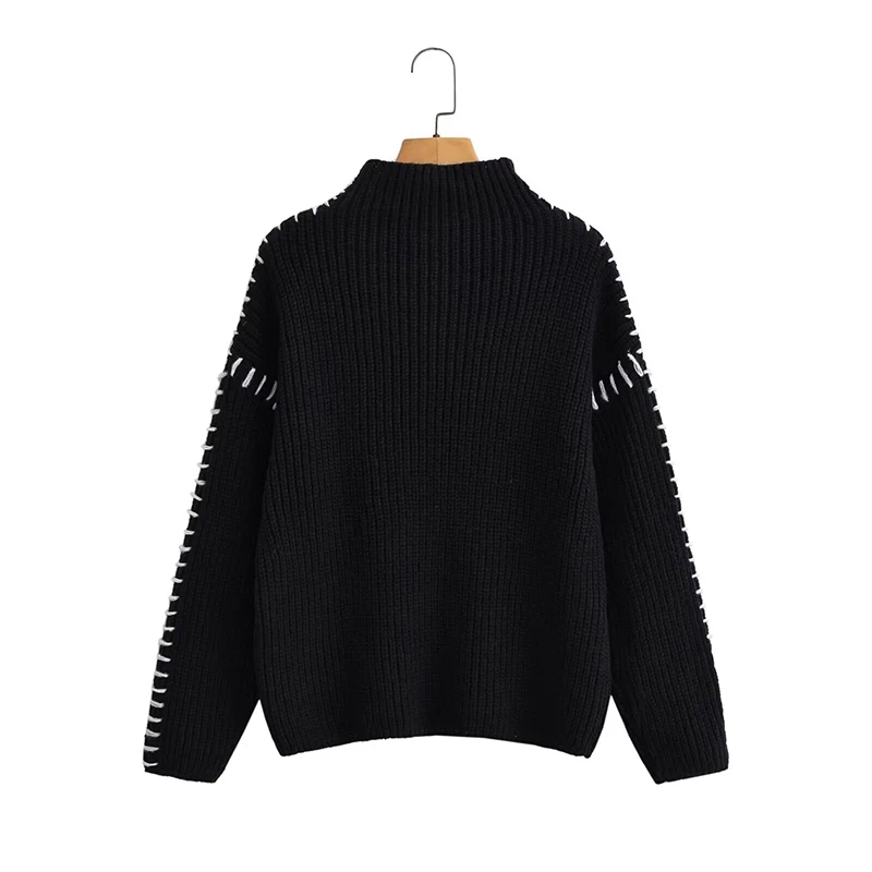 YENKYE Women Casual Half High Collar Long Sleeve Knitted Pullovers Autumn Winter Patchwork Sweaters Black Loose Jumper