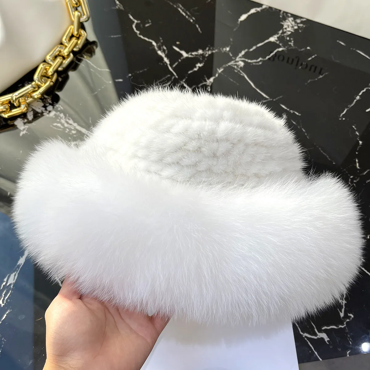 Luxury Real Mink Knitted Fur Hat Winter Thick Keep Warm For Women Natural Mink Bucket Hats With Genuine Fox Fur Brim Beanies Cap