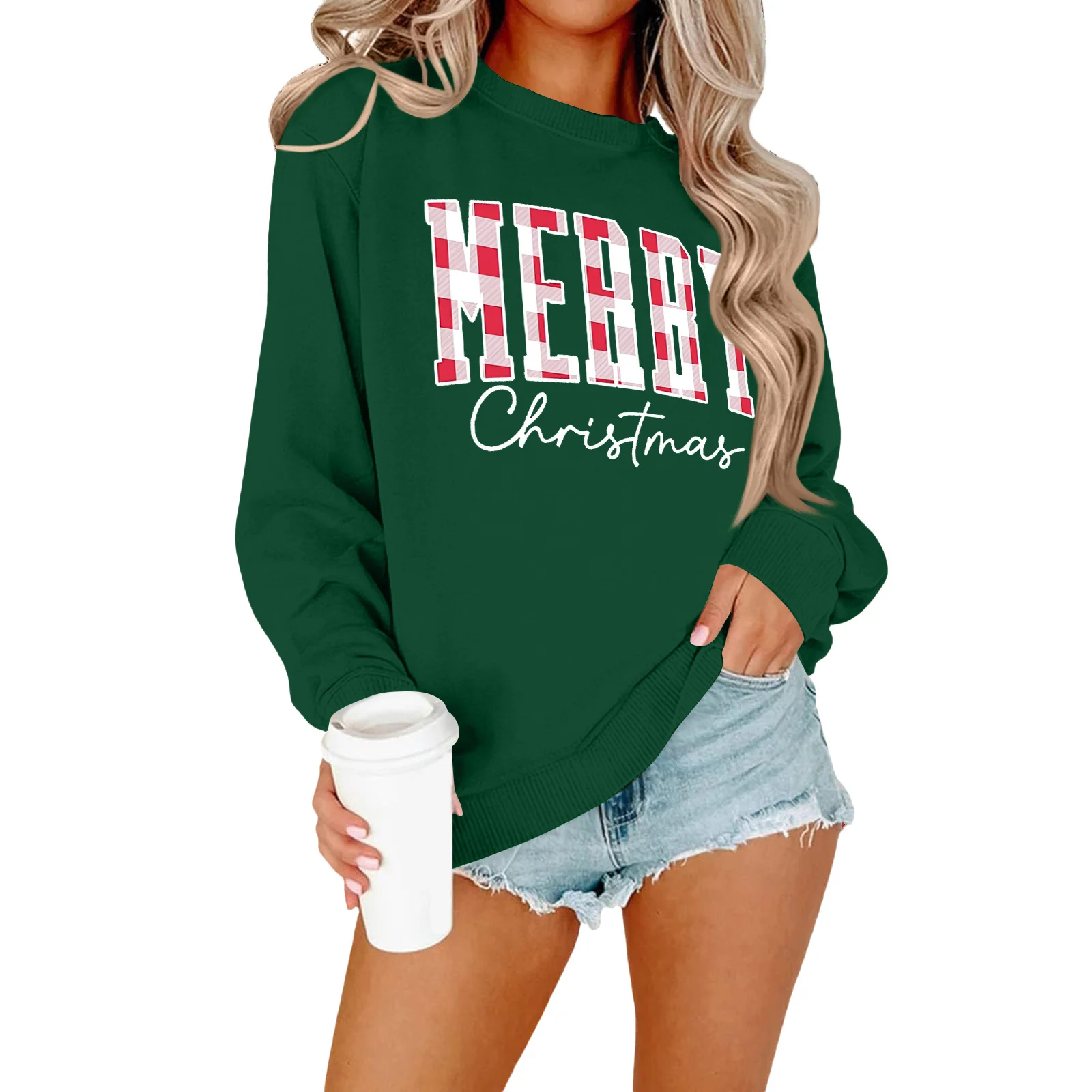 Women'S Fashionable Casual Long-Sleeved Loose-Fit Christmas Print Round-Neck Pullover Sweatshirt Woman Clothes