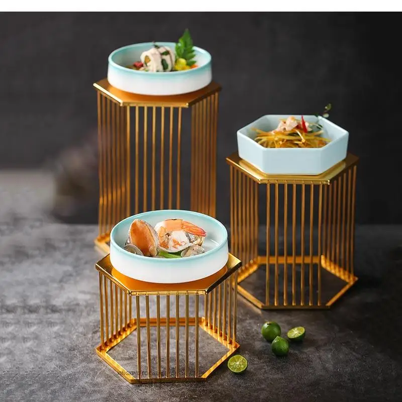 Ceramic Dessert Bowl, Fruit Plate, Wrought Iron Cake Stand, Tableware Special Dish Display Golden Hexagonal Setting Plate