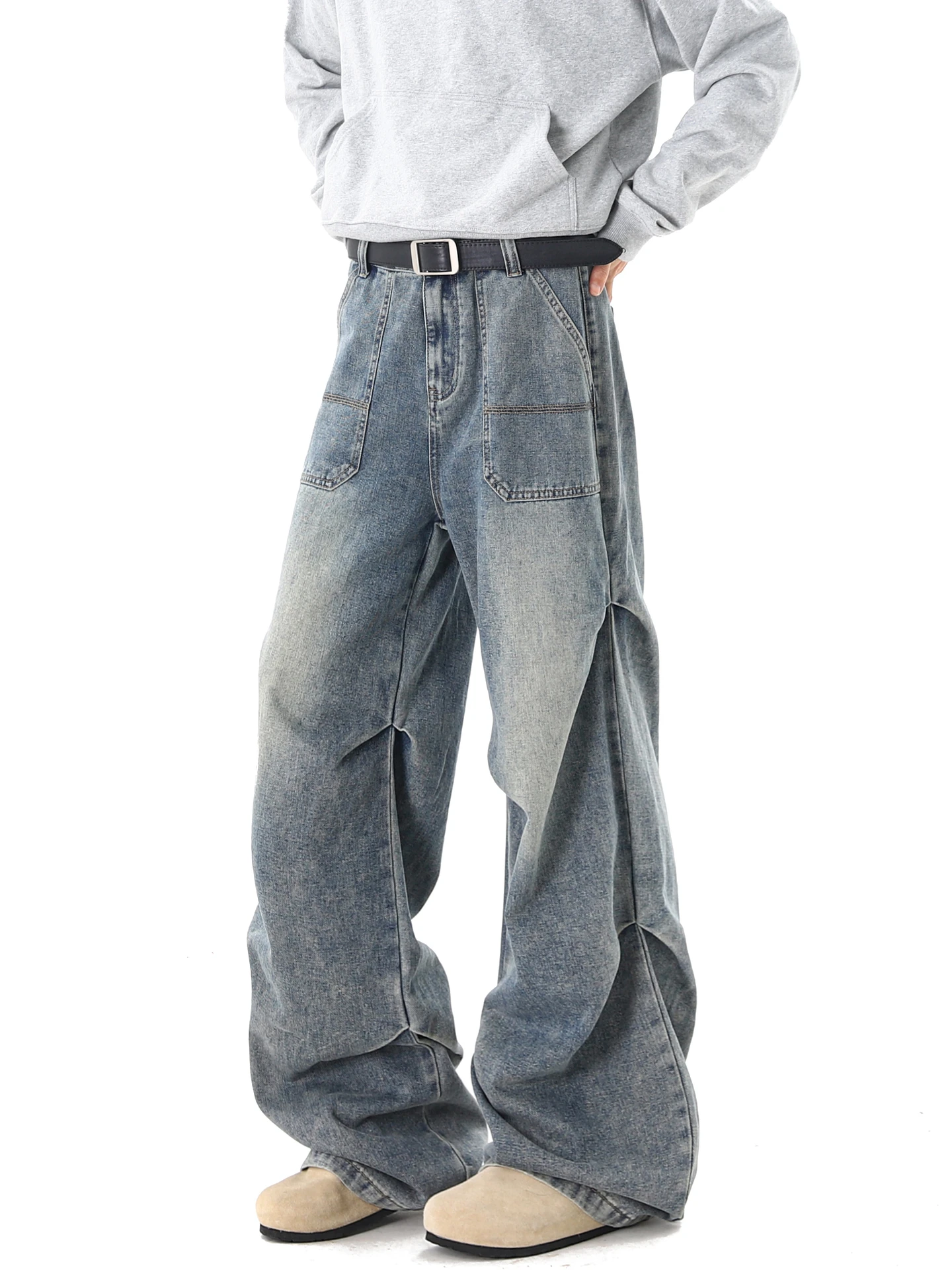 

Джинсы Wukong: Мужские винтажные свободные прямые джинсы в американском стиле, широкие брюки в пол с эффектом потертости