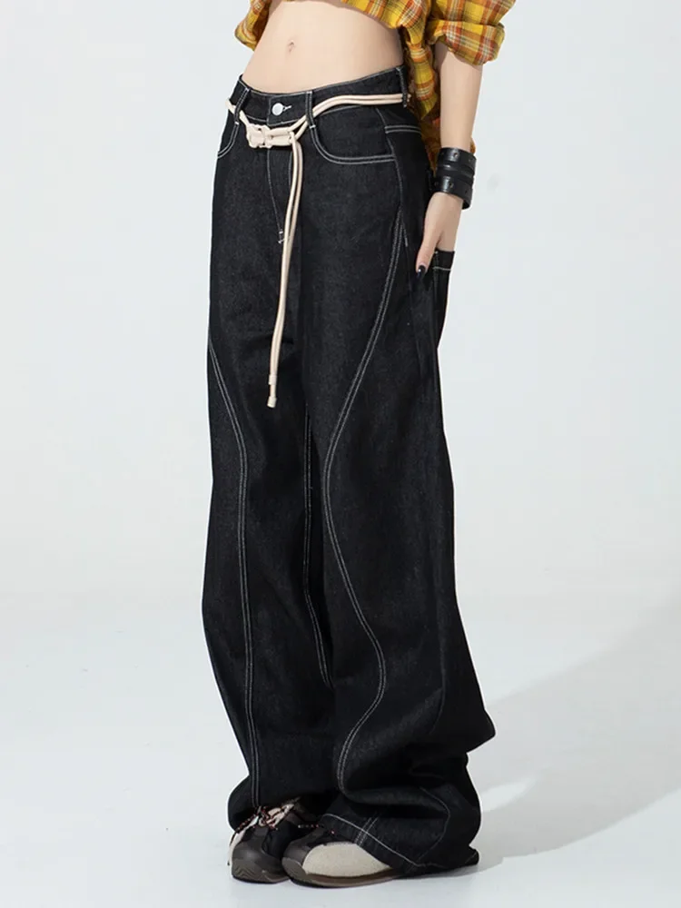 Black High Waisted Baggy Jeans Women 2000s Y2K Streetwear Casual Loose Denim Sickle Wide Leg Pants Ladies Fashion Splicing Jean