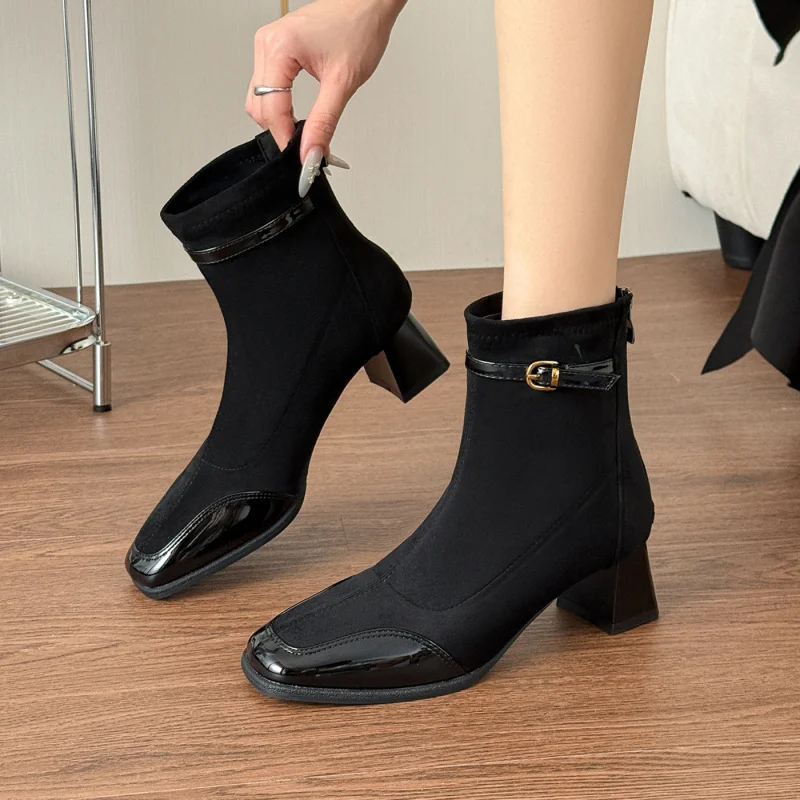 

Fashionable and elegant French square-toed chunky heel ankle boots for women in British style Patchwork Suede Autumn Women's