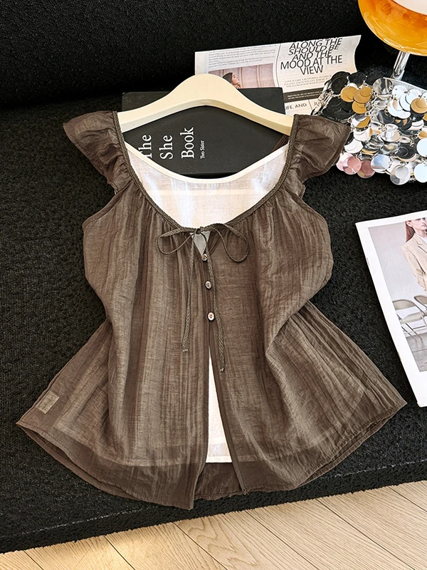 Korean Style Lazy  Color Pleated Sleeveless V-Neck Vest Women Summer New Atmosphere Layering Belt Two-Piece Set