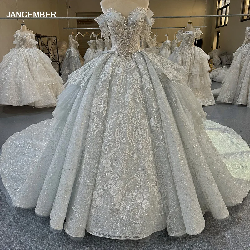 Jancember Wedding Dresses For Woman Train Ball Gown Beads Lace Formal Elegant Party Bridal Gowns 2024 Robe De Mariée MN249