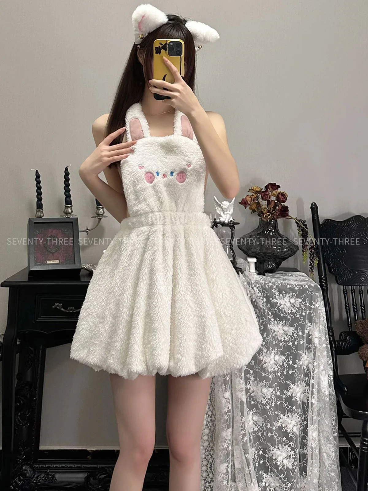 

Winter Warm Cute Girl White Plush Rabbite Dress Women Flower bud skirt Lolita Unifrom Outfits Costumes Cosplay