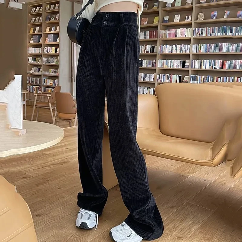 Autumn Black Corduroy Straight Pants Women 2023 Winter Casual Baggy Wide Leg Pants Lady Korean High Waist Double Button Trousers