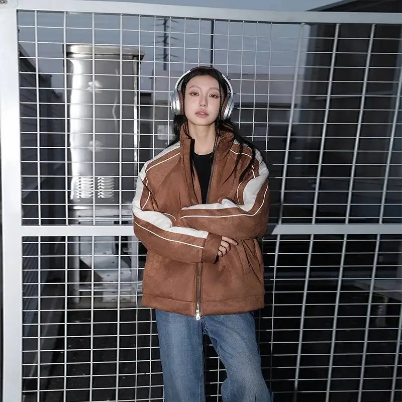 

Американская уличная замшевая куртка Y K для женщин, весенне-осенняя мода, пальто на молнии контрастного цвета, утепленная популярная спортивная верхняя одежда