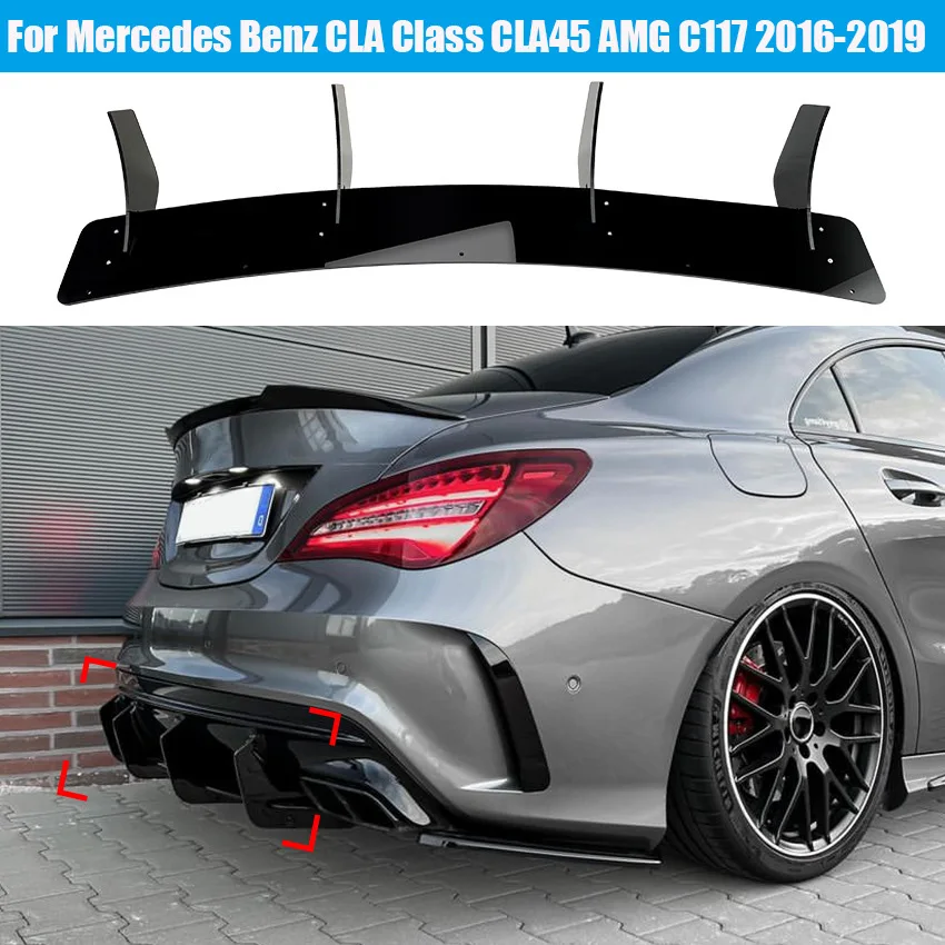 GLOSS For Mercedes Benz C117 CLA45 AMG Line 4 Fins 2016-2019 Car Rear Bumper Diffuser Tail Side Splitters Spoiler Lip protector