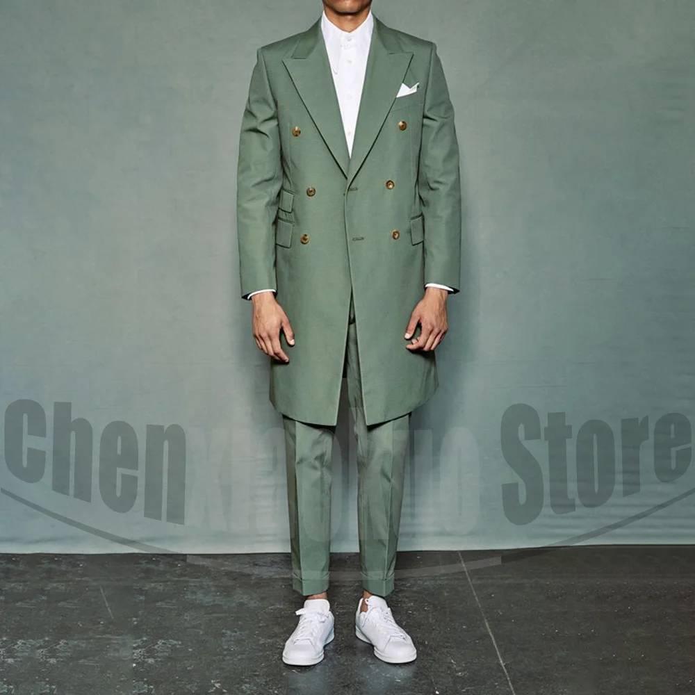 

Men Suits Olive Green Chic Double Breasted Long Blazer Sets 2 Piece Vintage Tailored Fit Unique Formal Casual Daily Male Suit