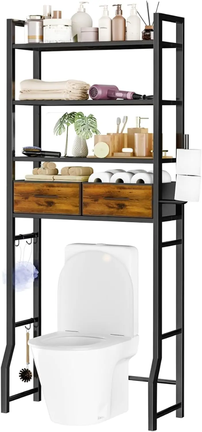 

4 Tier Over The Toilet Storage with Drawers, Heavy Duty Bathroom Stand Organizer Metal Shelves for Laundry, Black
