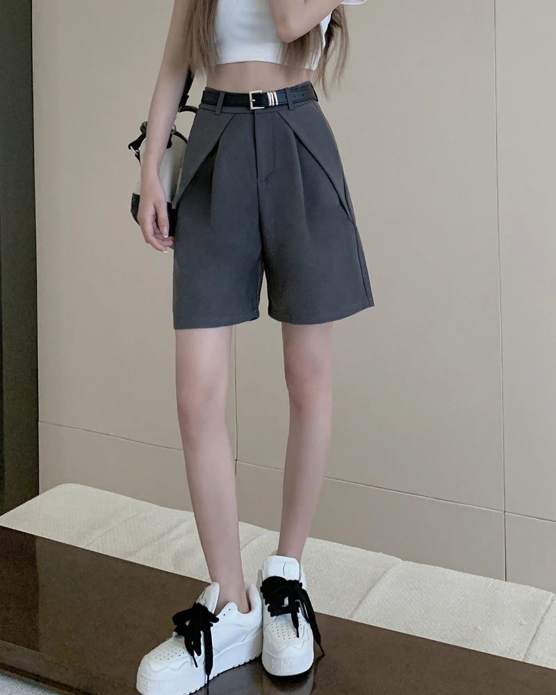 Casual Fashion Gray Suit Shorts Women Elastic Waist Thin Loose Straight Soft Versatile A-Line Quarter Pants