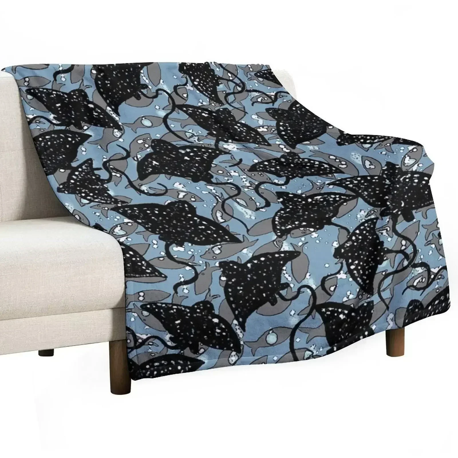 Black Spotted Eagle Ray School of Fish Pattern Throw Blanket Flannel Shaggy Plaid on the sofa Baby Blankets