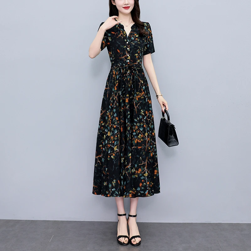 Quality Floral Chiffon Casual Dress Women Bodycon Vintage Elegant Party Long Dress 2025 Summer New Chic Prom Luxury Midi Vestido
