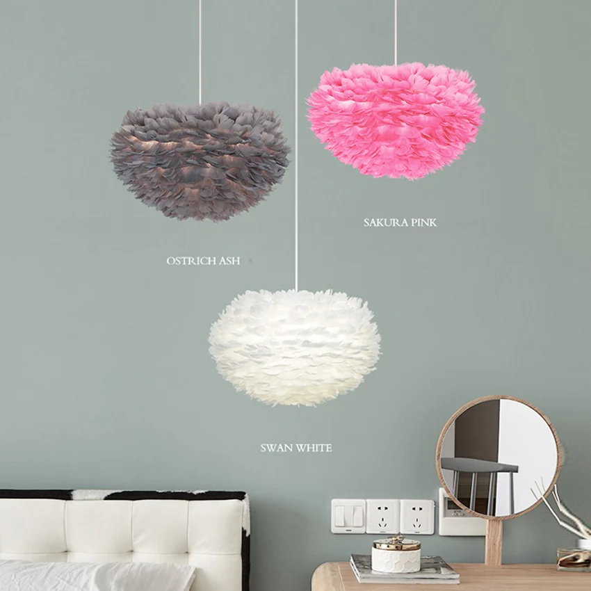 SANDYHA Modern Feather Hanging Lamp Couple Bedroom Pendant lighting Luxury Living Room Chandelier with Feathers Lampshade Light