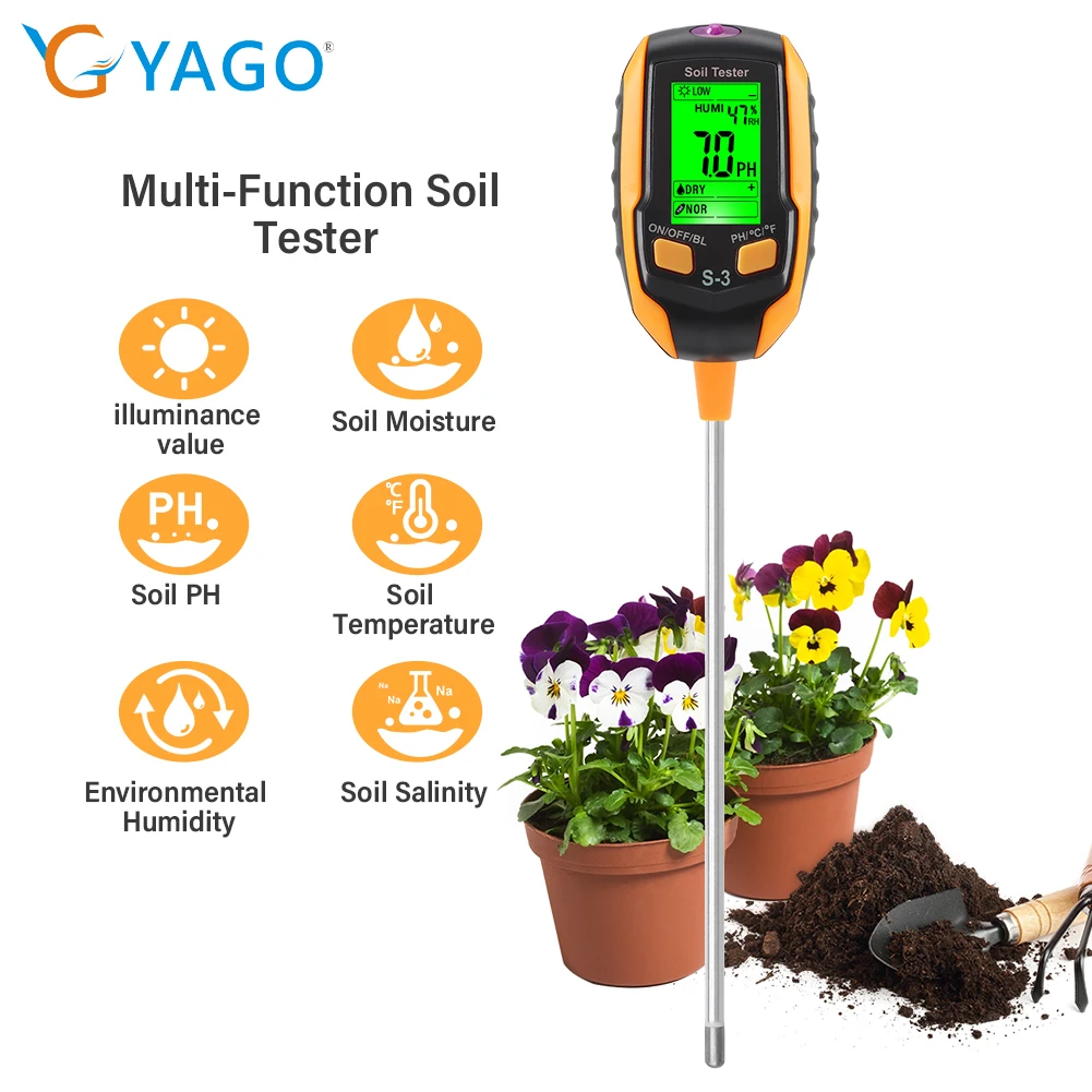 Multi-Function Soil Tester PH/Salinity/Moisture/Sunlight/Air Humidity/Temp Backlight LCD 6-in-1 PH Meter for Gardening Plants