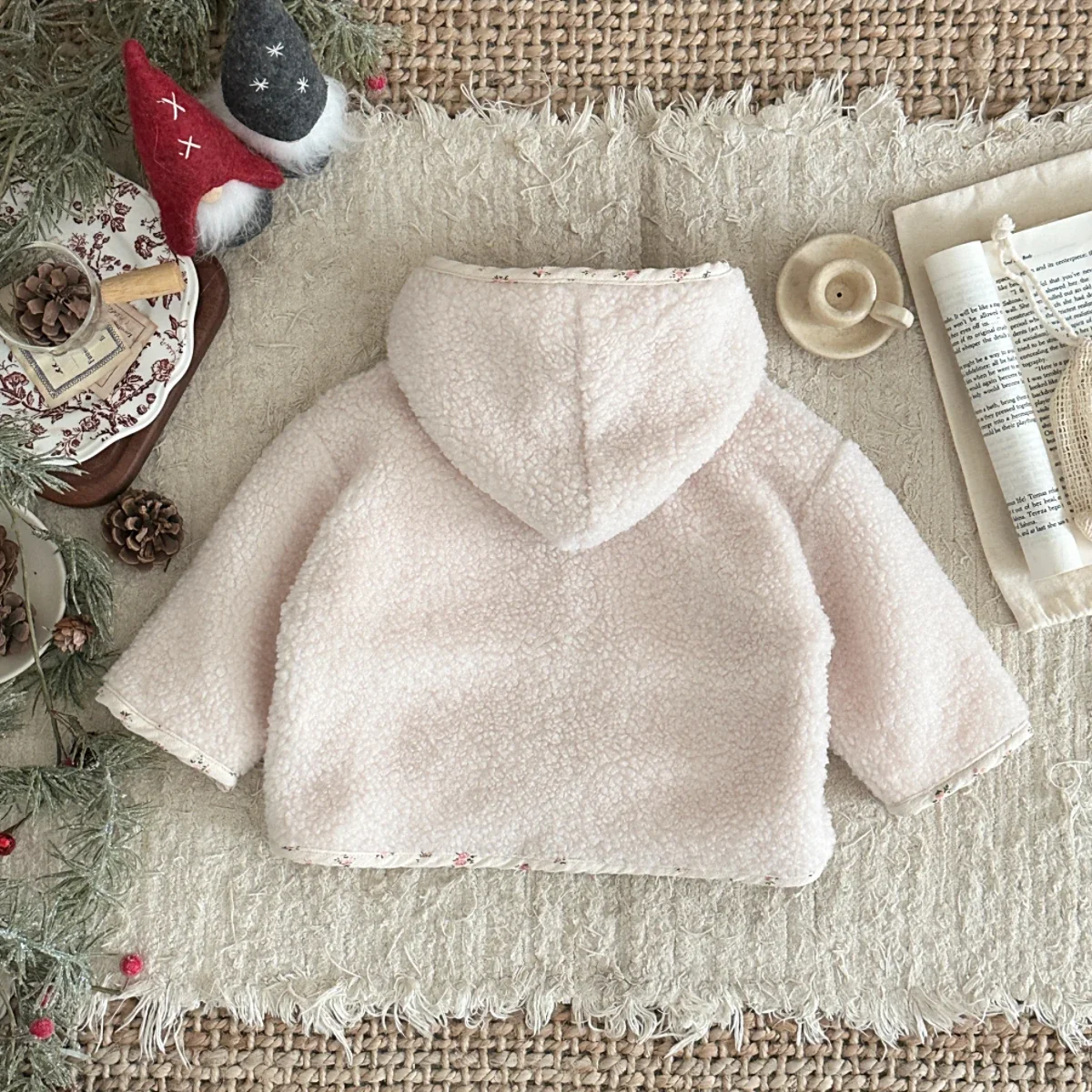 Small Floral Print Children's Plush Hooded Coat Korean Version Autumn Winter New Girls' Coats Loose Zipper Front Baby Clothes