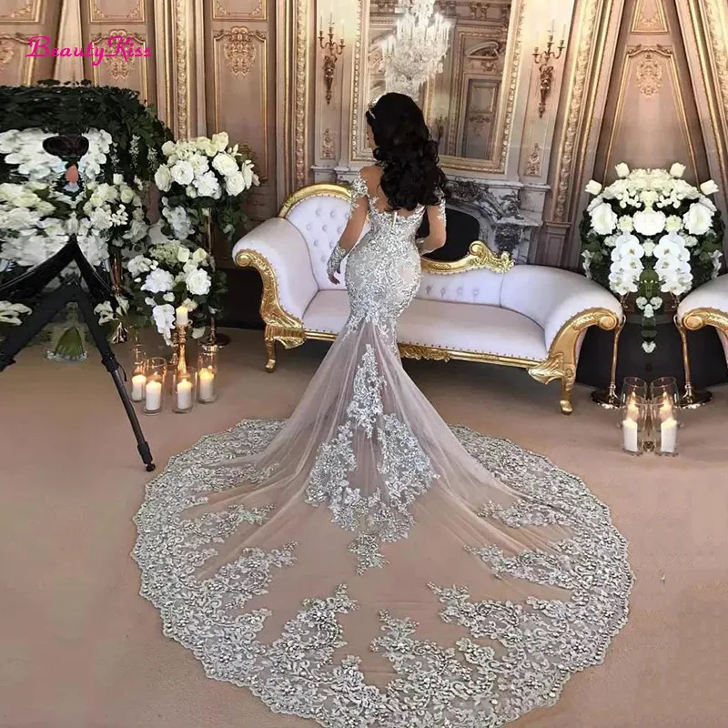 Vestidos de novia brillantes de lujo árabe de Dubái, Apliques de encaje con cuentas brillantes, cuello alto, ilusión, mangas largas, vestido de novia de sirena