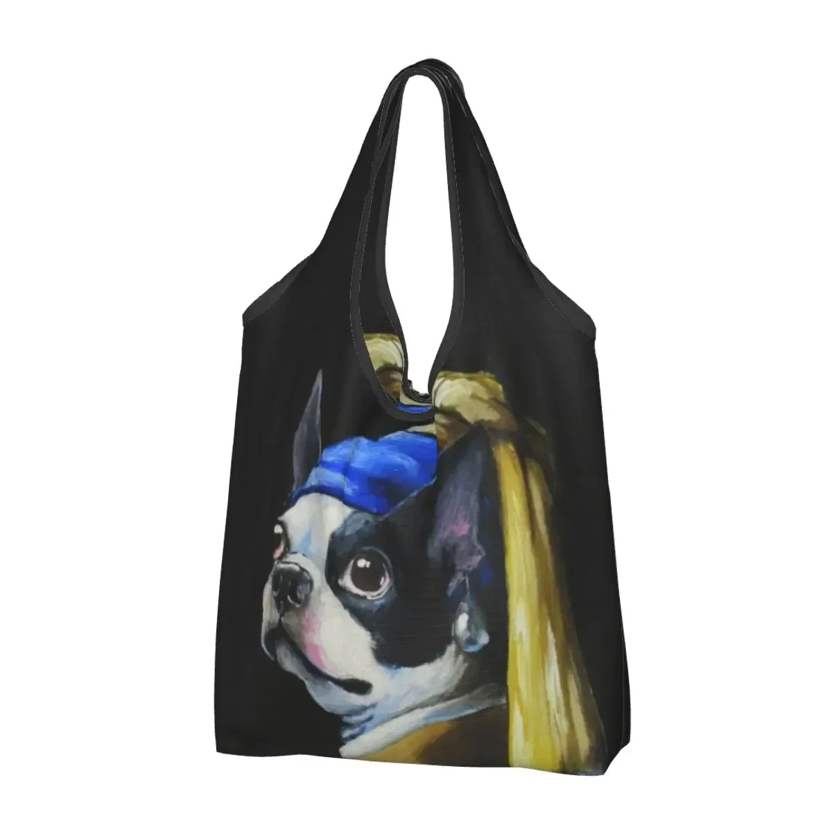 Pearl Earring Groceries Shopping Tote Bags Kawaii Cartoon Boston Terrier Dog Shopper Shoulder  Big Capacity Handbag