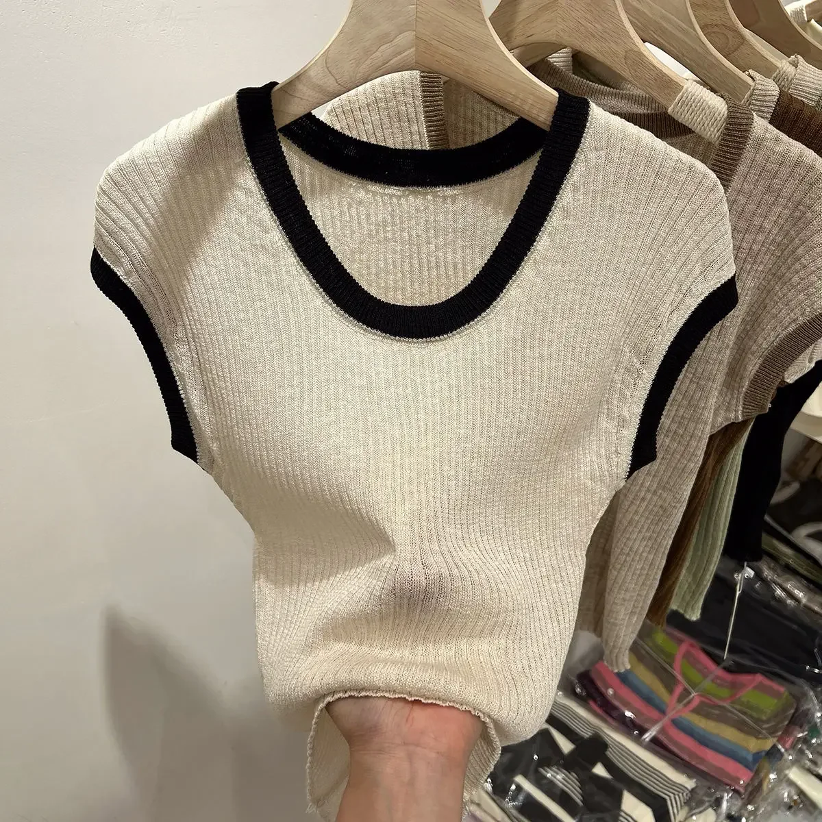 

Summer 2024 New Color Contrast Short Sleeve T-Shirt Round Neck Knit Top Women's T-shirt Slim Fit Pit Strip Base Shirt Women Vest
