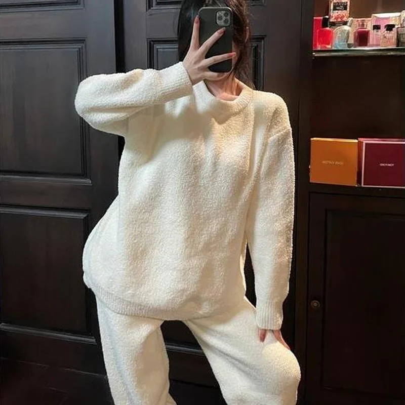 Pajama Sets Women Round Neck Coral Fleece Slouchy Cozy Lounge Wear Solid Bundle Feet Gentle Youth Kawaii Thick Sleepwear Pajamas