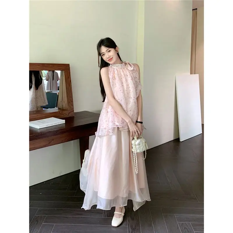 Korea Vintage Women Pink Elegant Mesh Floral Print Pleated Summer Sexy Bow Lace-Up Party Halter Boho Two Piece Set