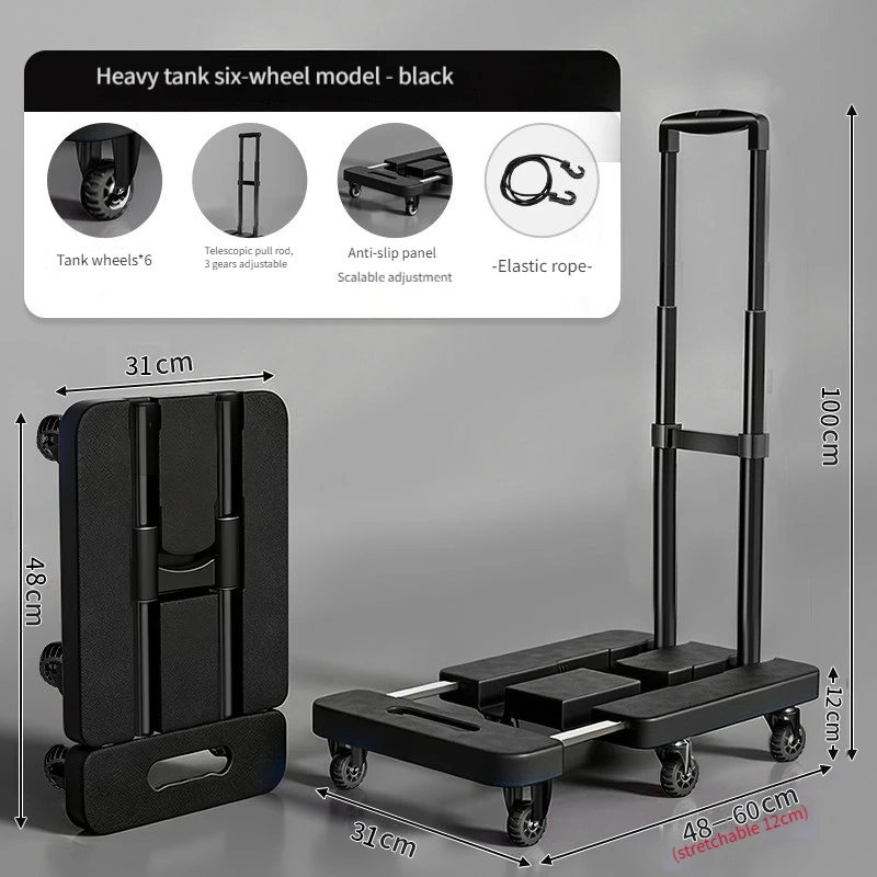 Outdoor Camping Folding Flatbed Cart, Portable Pull Hand Trolley for Car Trunk Storage Luggage Shopping Moving