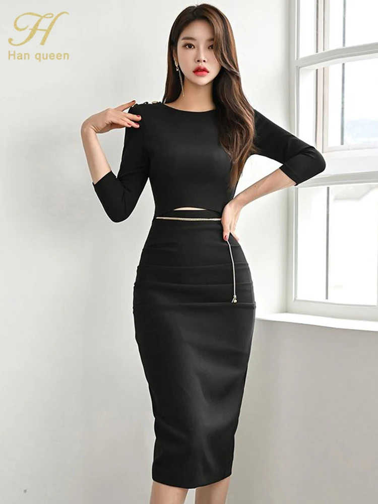 H Han Queen New Spring Waistless Sexy Women Dresses Fashion Korean Bodycon Dress Simple Black Office Casual Party Vestidos