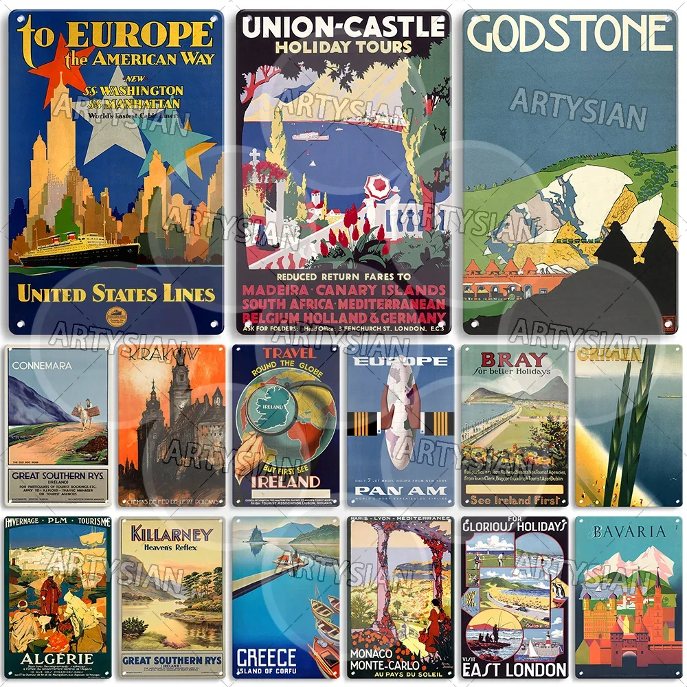 Reiseposter, Metallschild, Europa, Bayern, Deutschland, AlgUSK Krakau, Irland, Rock von Cashel, Griechenland, Royal Mail Bray Connemara Dover