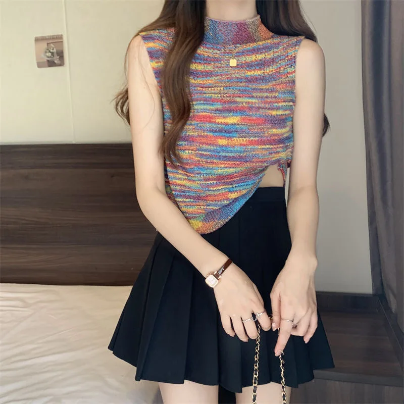 Colorful Tanks Women Slim Japanese Style Rainbow Simple Youthful Vitality Retro Spring Summer Hotsweet Y2k Stylish Temperament