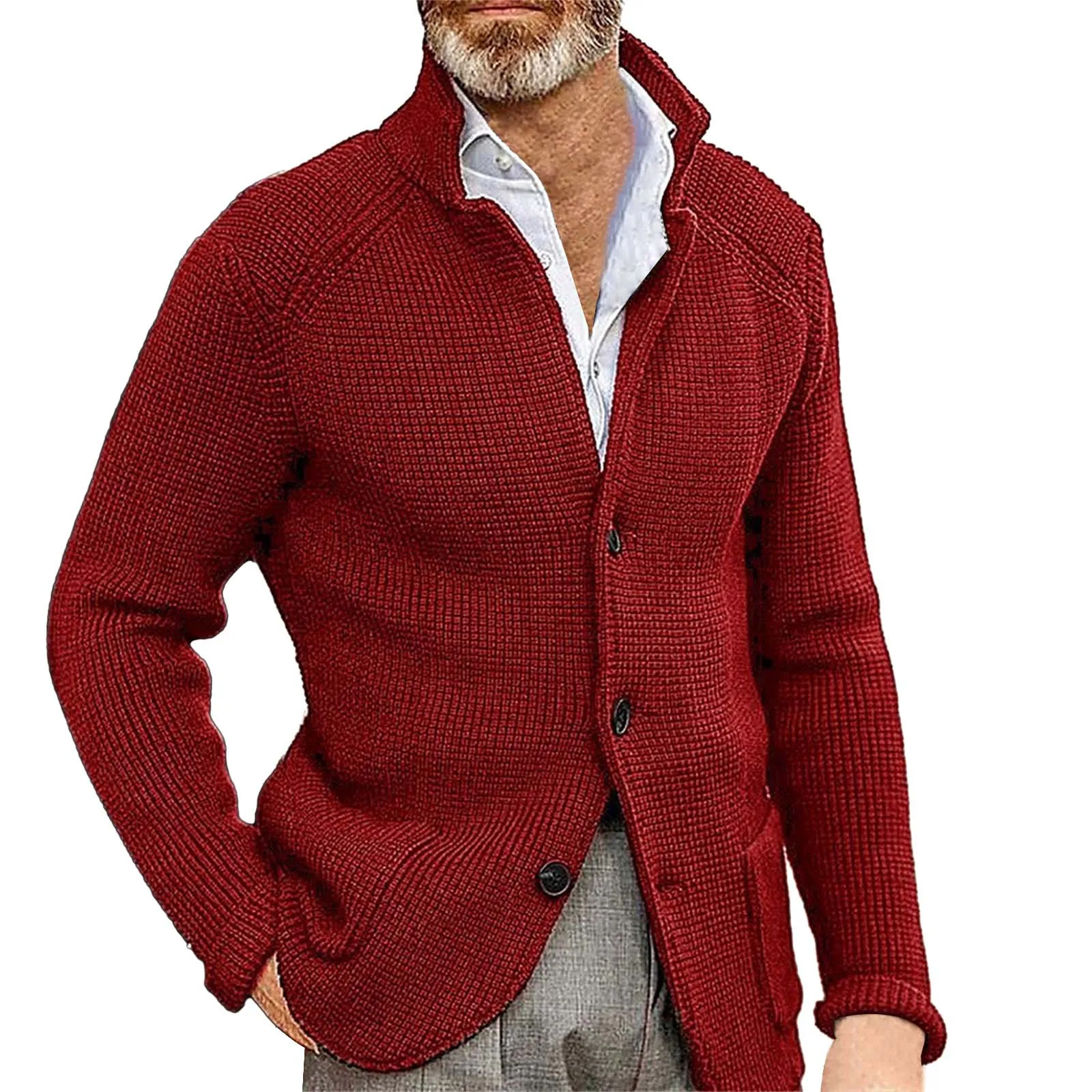 Men Stand Collar Knitted Coat Chunky Needle Thickened Suit Sweater Cardigan Solid Color Slim Knitting Sweatercoat Male Clothing