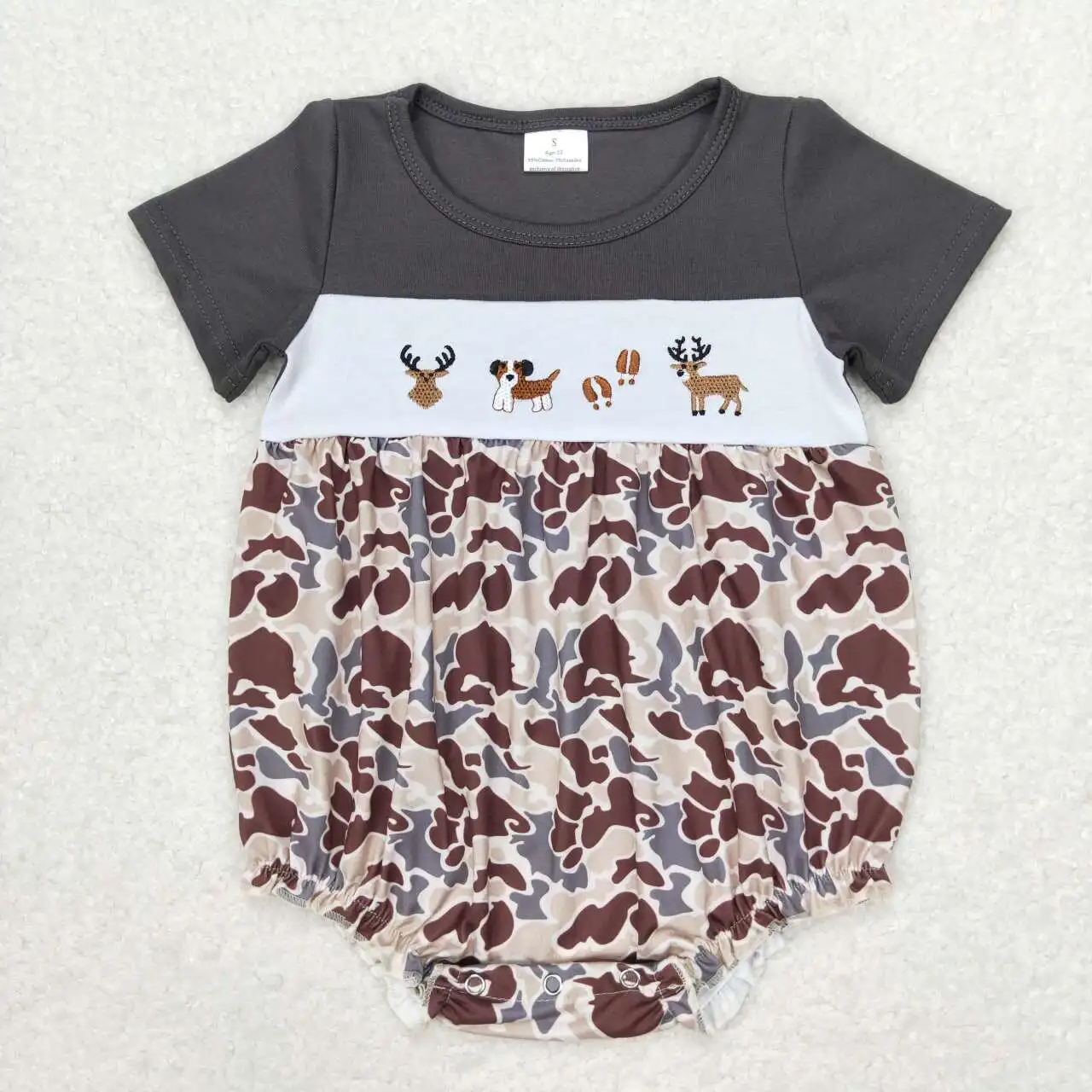 Curto mangas bordado Camo Deer Rompers bebês, roupas de verão, bebê recém-nascido Boutique, crianças infantis, atacado, bolhas