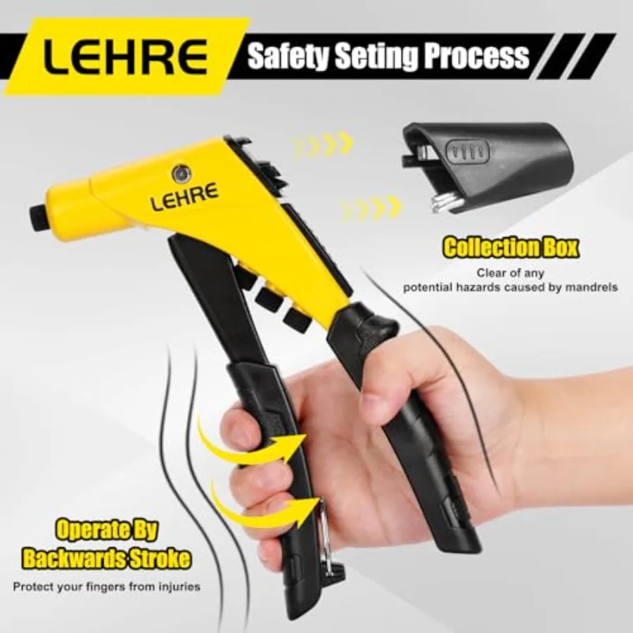 공구 없이 교체 가능한 헤드와 내장형 맨드릴 컨테이너 ID가 포함된 중장비 작업용 한손 안전 리벳 건 세트