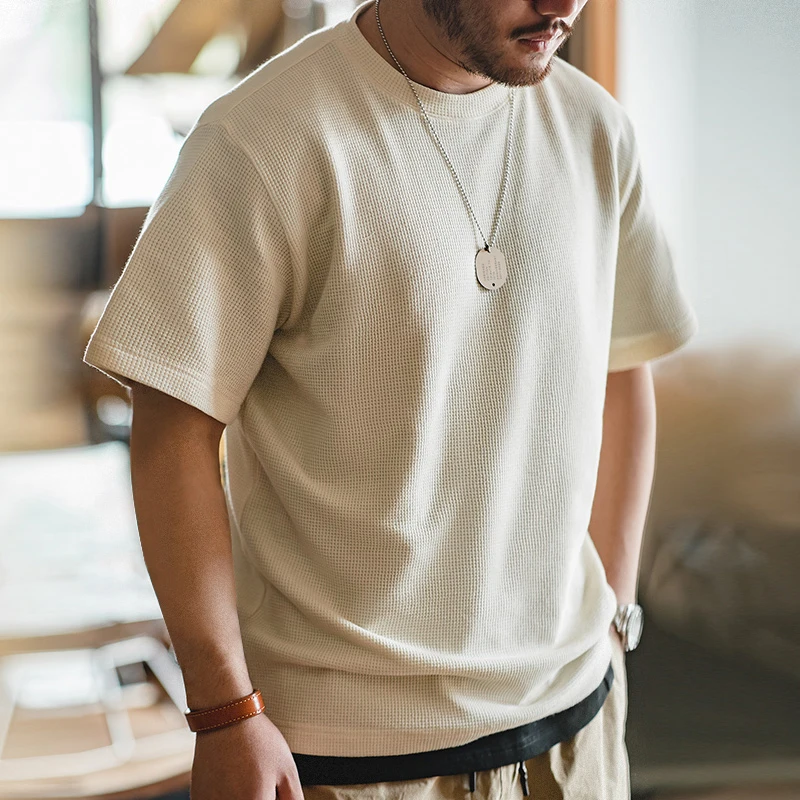 Maden Retro Knit Waffle Short Sleeve T-shirts for Men's Summer Round Neck Loose Fit Casual Tee Basic Solid Color Classic Tops