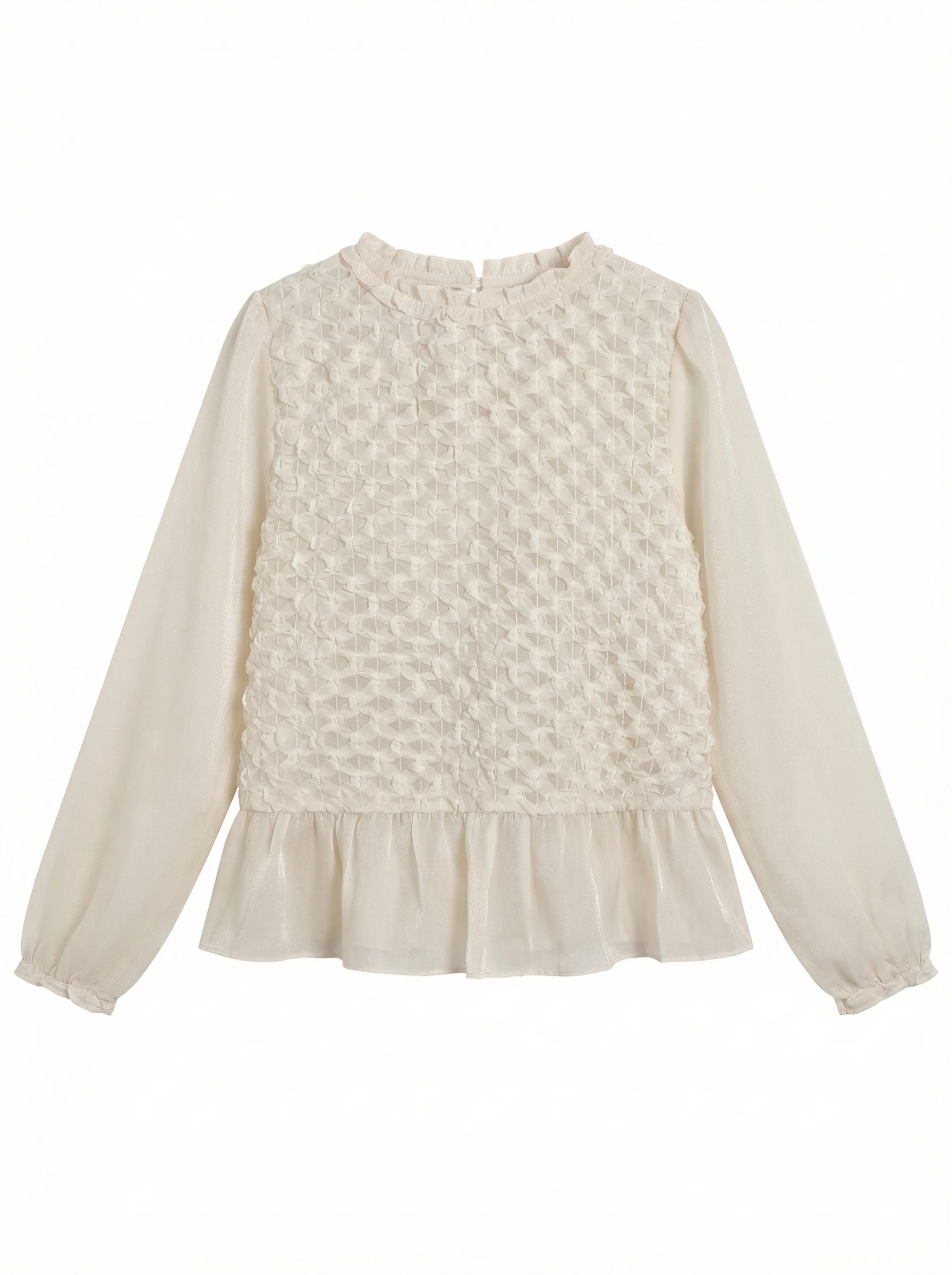 

Нежная блузка из мягкой тюлевой ткани с кружевом, свободного кроя, с длинными рукавами, повседневная, для свиданий, в сказочном стиле, с круглым вырезом, из чистого материала.