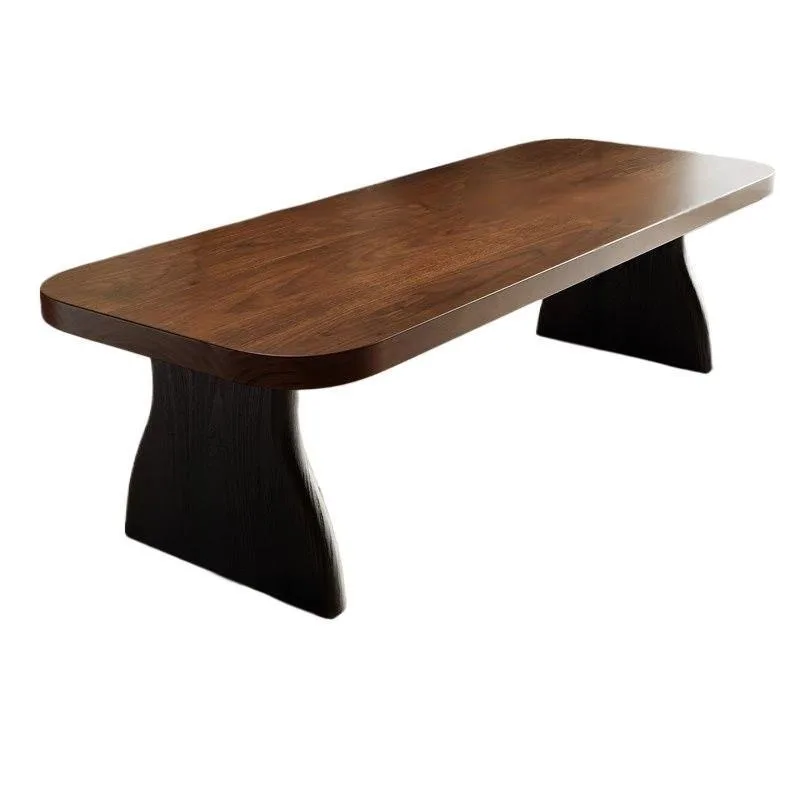 French retro color matching solid wood large board eating table, art design rounded corner dining table, Nordic medieval