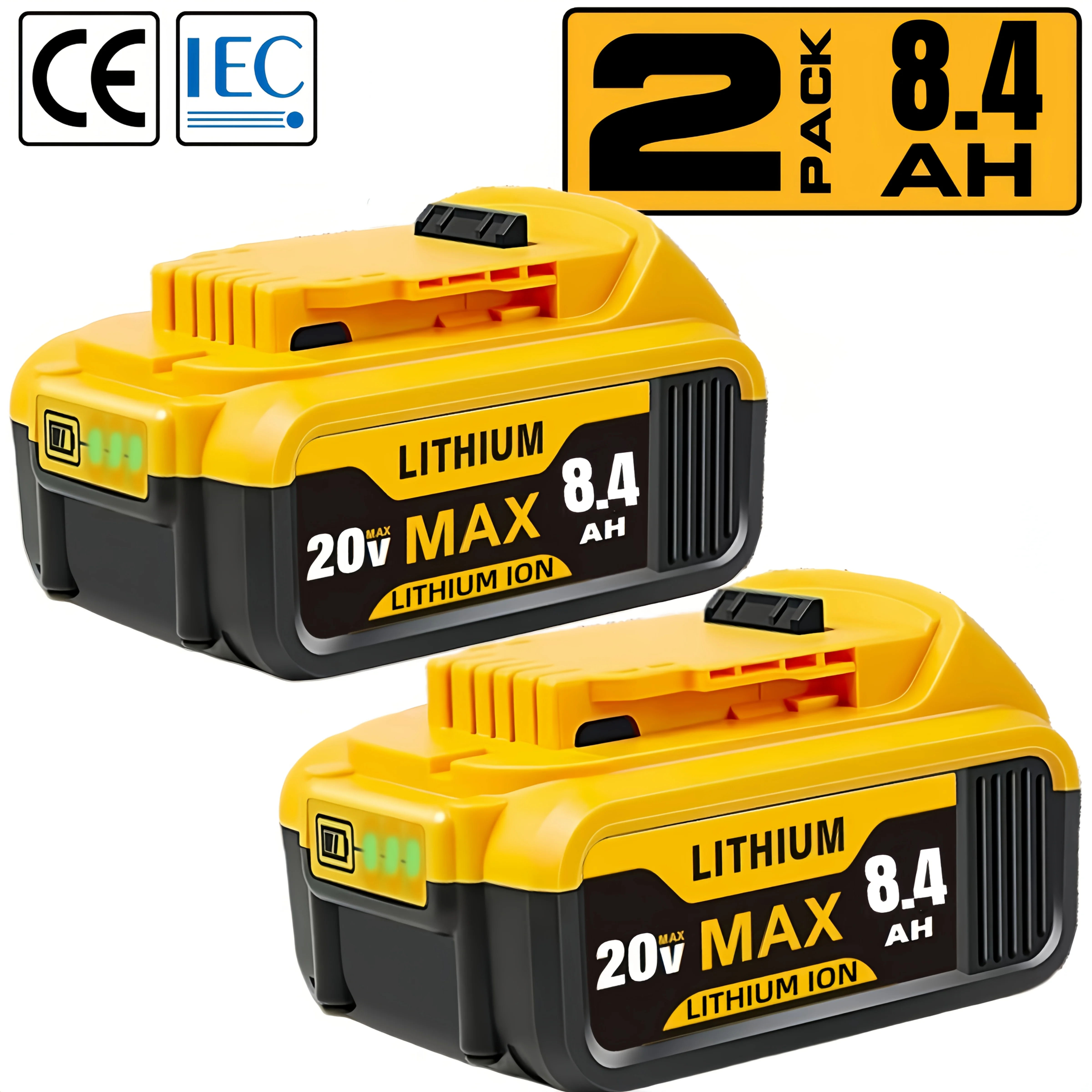 

Комплект из 2 аккумуляторов 8.4 Ач, замена для литий-ионных батарей Dewalt 20V, совместим с DCB201, DCB200, DCB206, DCB207 и 20-вольтовыми беспроводными электроинструментами.
