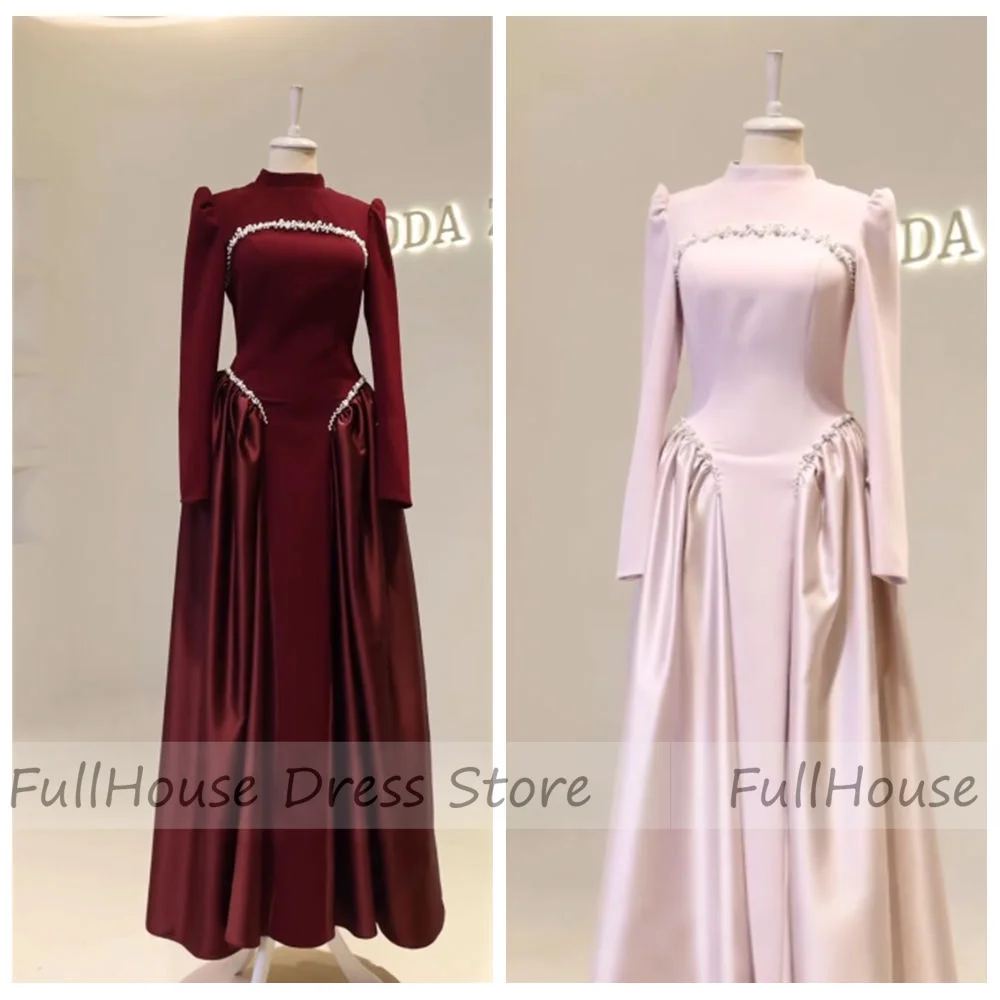 

Custom Made Elegant High Neck Long Sleeve Pleated Sheath Evening Gown Draped Beaded Pearls Floor Length Saudi Arab Dress