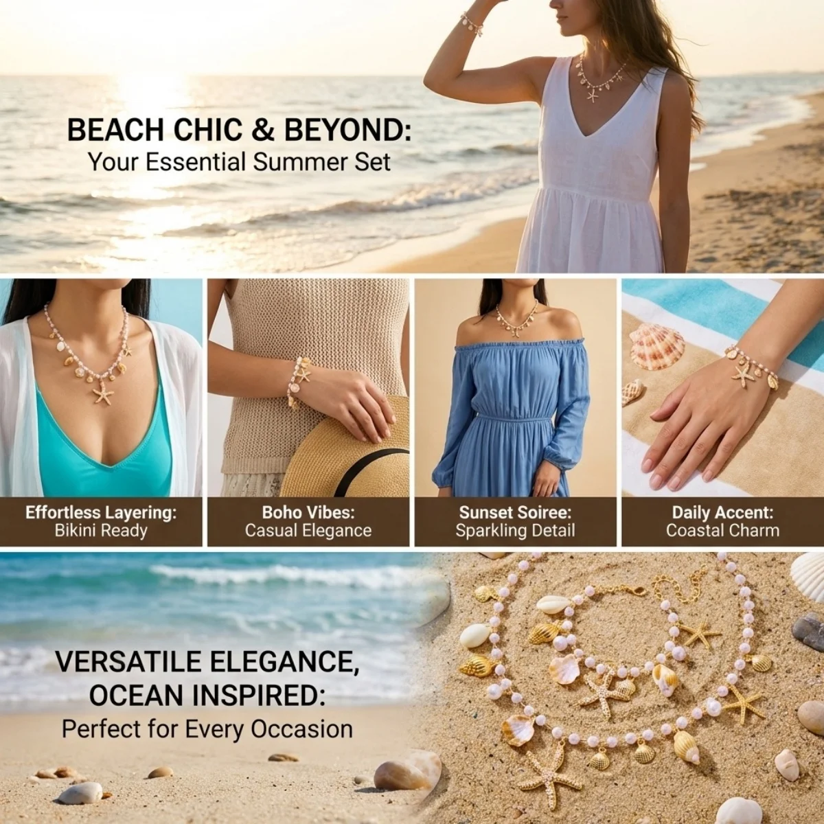 Imitationsperlen-Seestern-Muschel-Anhänger Halskette Armband Fußkettchen Set für Damen und Herren Boho Seestern Sommer Schmuckset – Detail 3