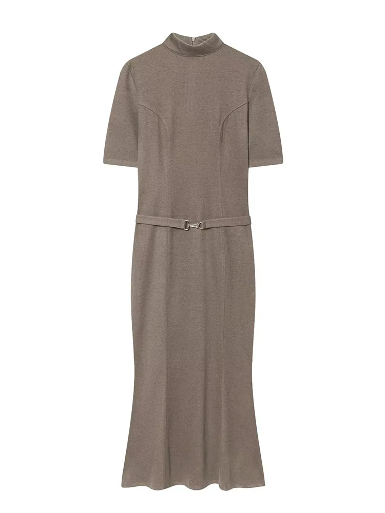 Hh mulher início da primavera moda cinto decoração mangas curtas cor sólida fino ajuste vestido macio feminino elegante versátil vestido longo