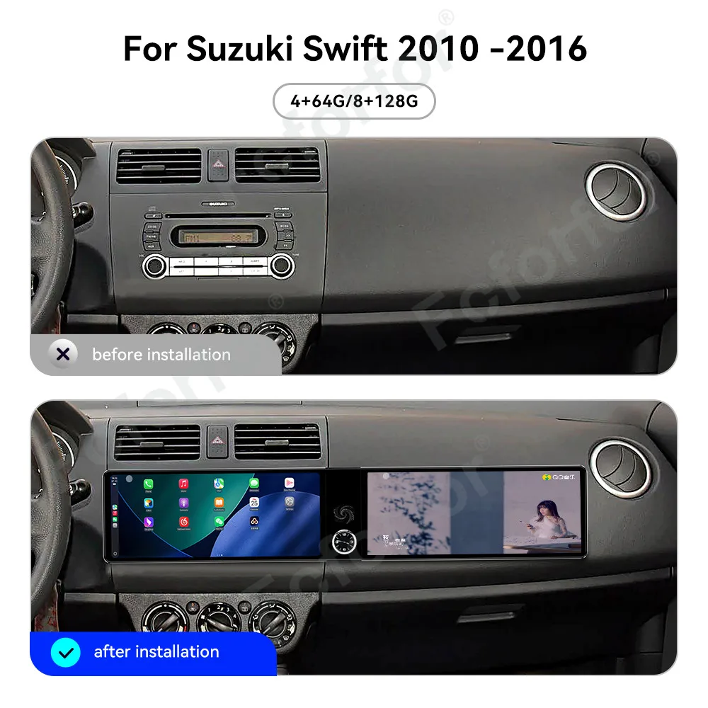 

Для Suzuki Swift 2010-2016 12.3-дюймовый двухэкранный мультимедийный проигрыватель с Android 13, CarPlay, GPS-навигацией, радио и DVD-плеером.