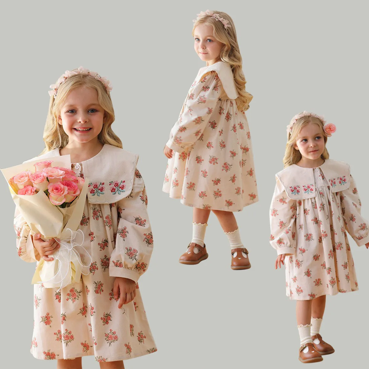 

Children'S Clothing Girl Casual Dress 2024 Autumn Loose Floral Print Kids Costume Long Sleeve Sweet Baby Girl Dress 2-8 Years